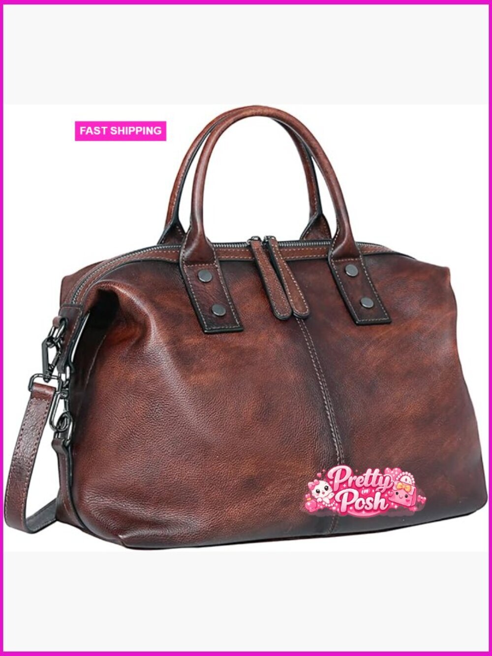 Genuine Leather Satchel Tote Bag with Adjustable Shoulder Strap